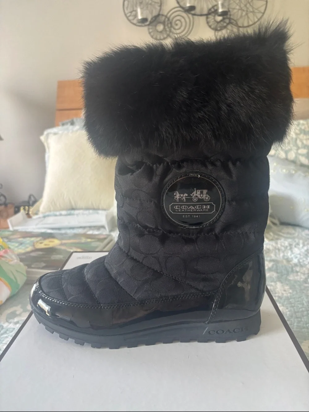 Coach Black Quilted Faux-Fur Trim Winter Boots - Picture 1 of 4